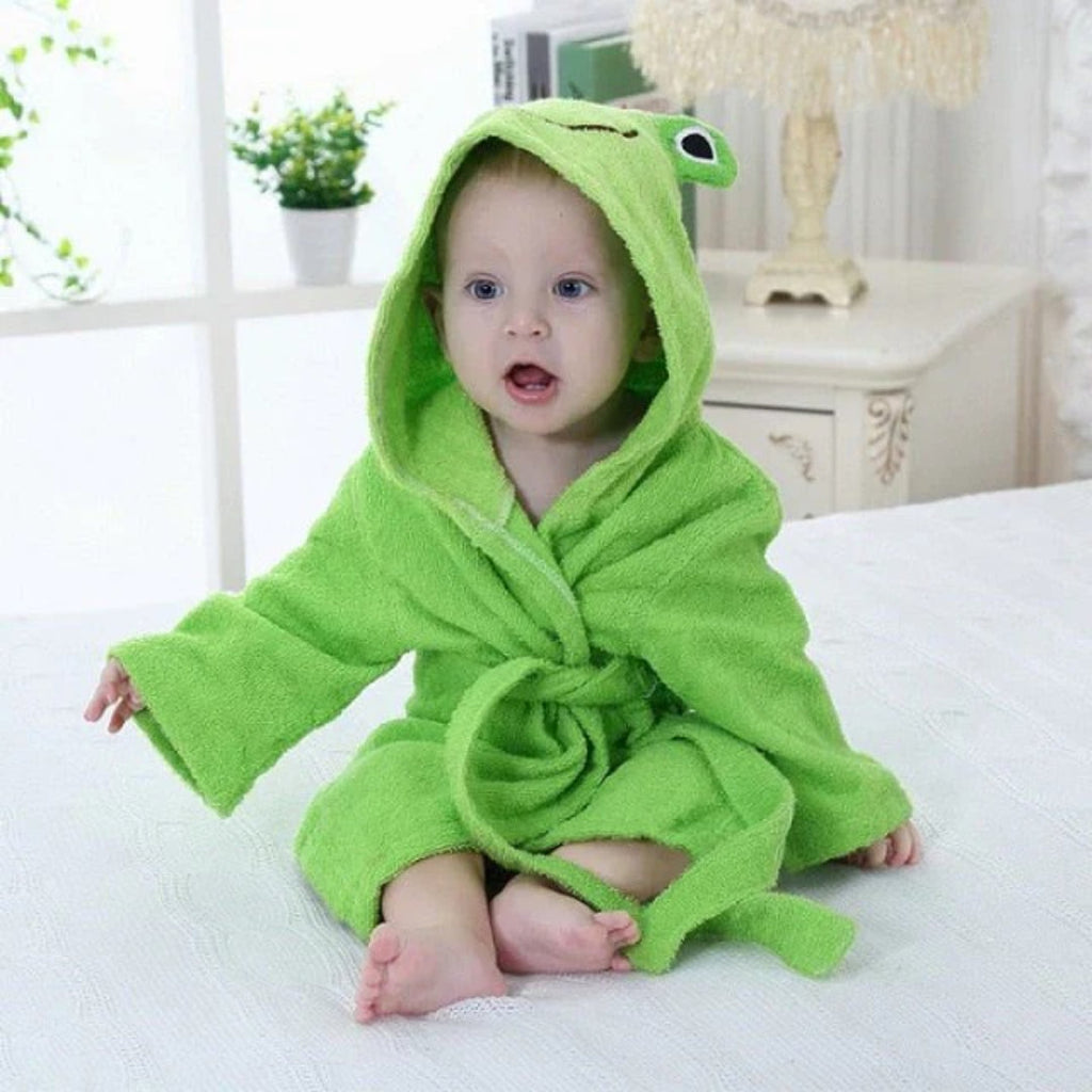 Baby bathrobe in soft absorbent material with animal motif