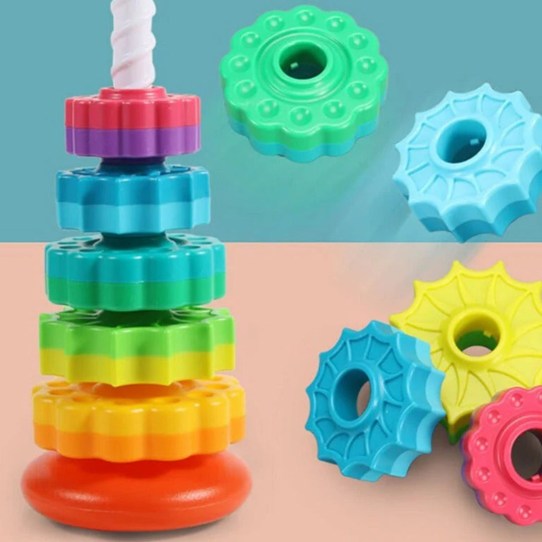 Rotating stacking tower with colorful building blocks