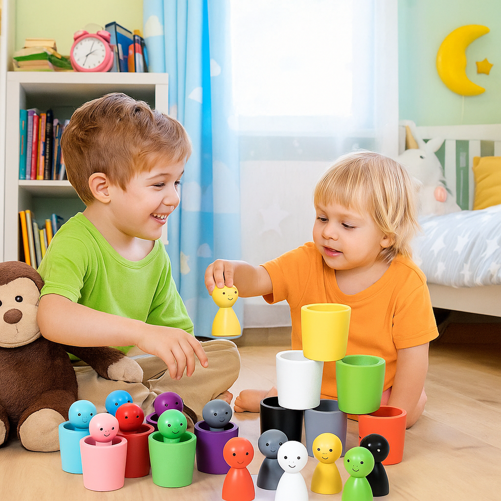 Wooden learning toys with color sorting cups
