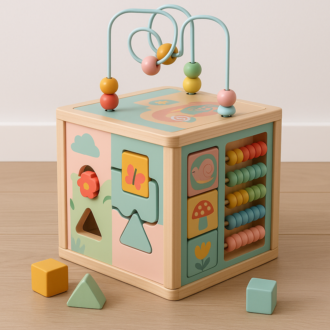 Wooden activity cube for children learning block