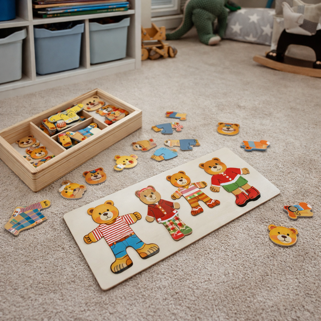 Træ påklædningspuslespil Boris motorik legetøj