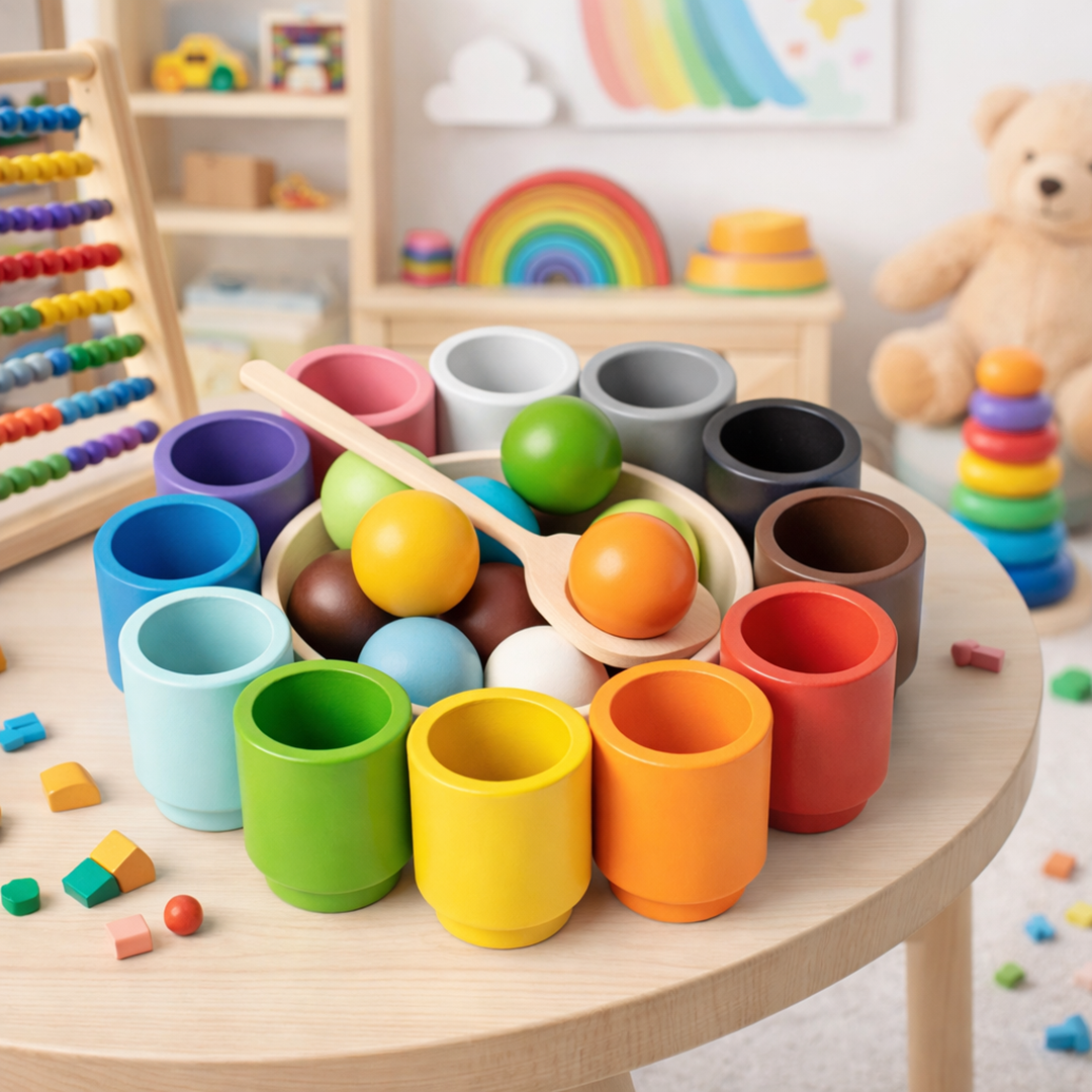 Træ sorteringsspil til børn til at lære farver