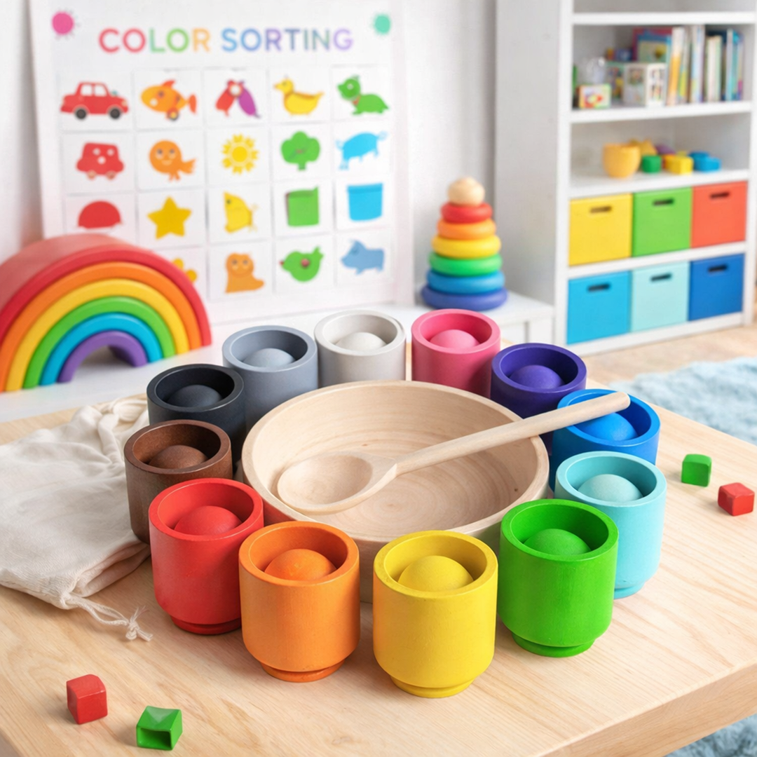 Træ sorteringsspil til børn til at lære farver