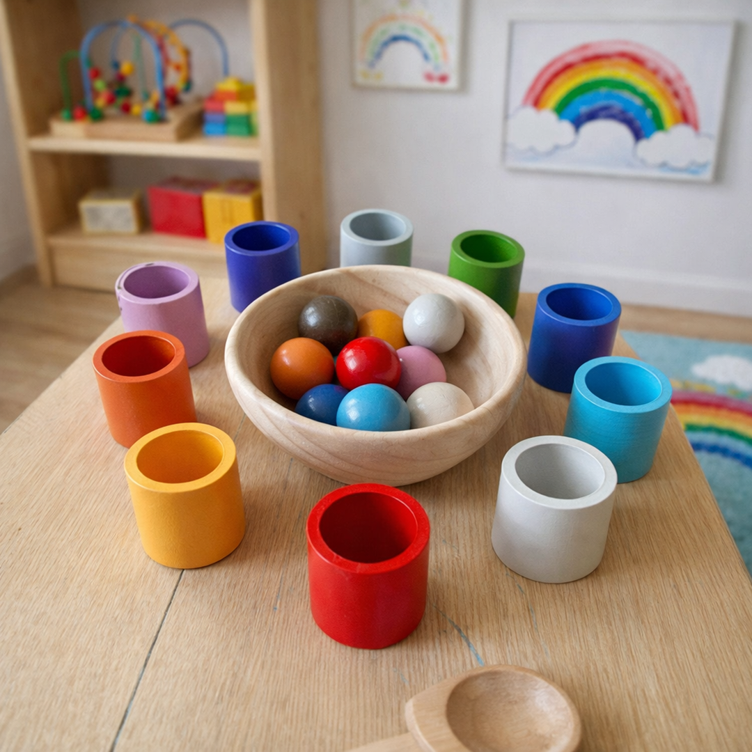 Træ sorteringsspil til børn til at lære farver