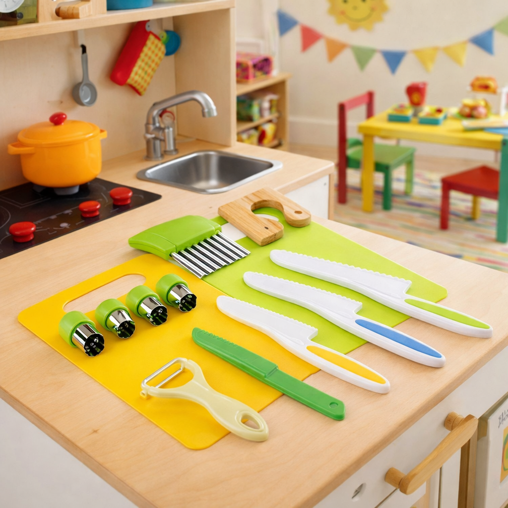 Kids' kitchen set with safe cutting toys and accessories