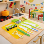 Kids' kitchen set with safe cutting toys and accessories