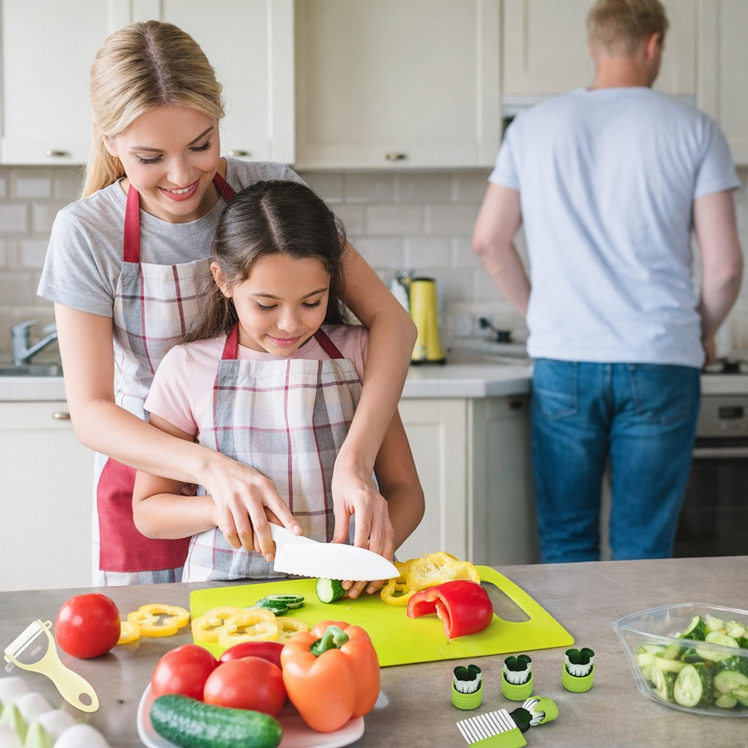 Børne køkkensæt med sikkert skærelegetøj og tilbehør