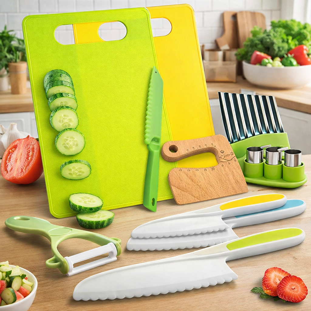 Kids' kitchen set with safe cutting toys and accessories