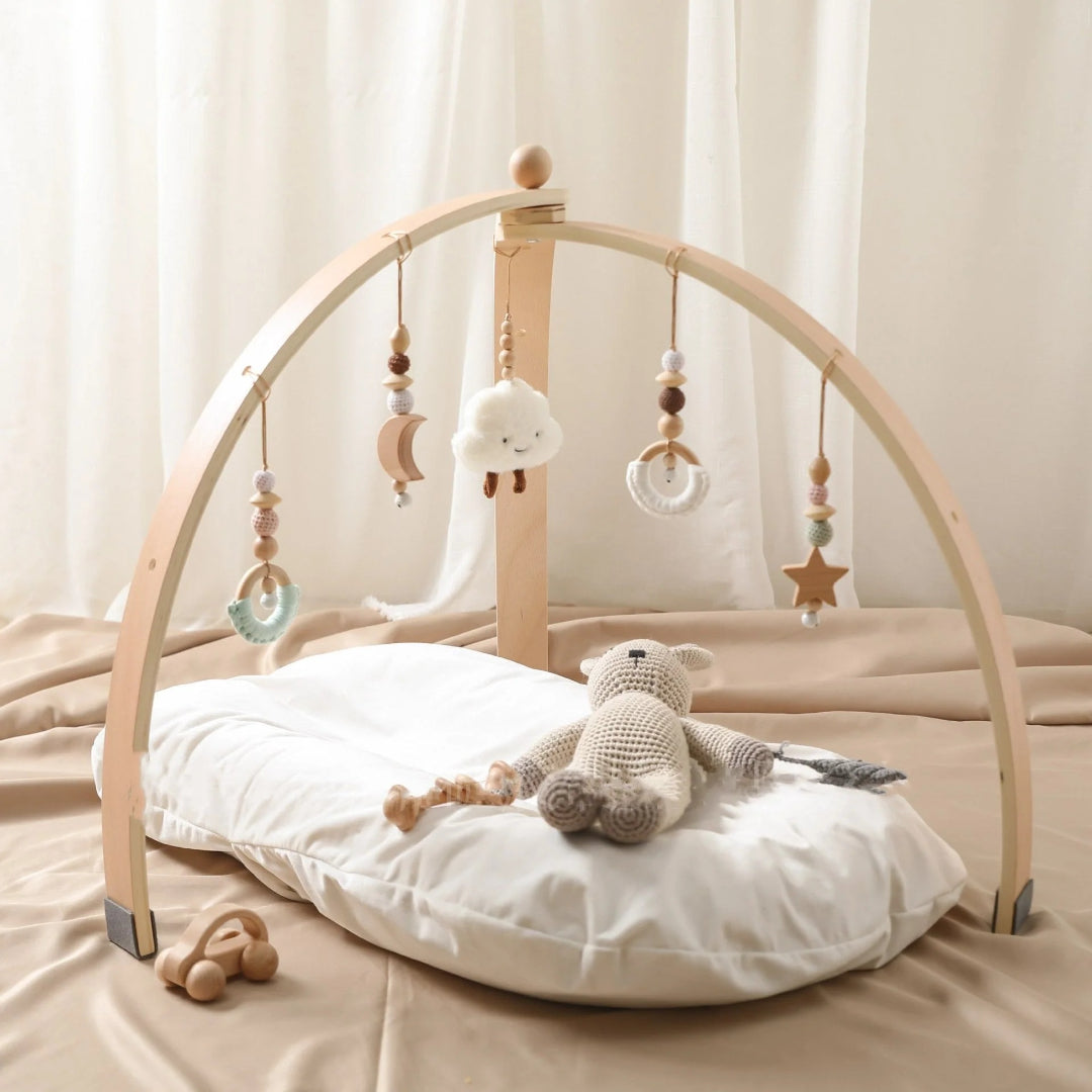 Wooden baby activity gym with hanging toys