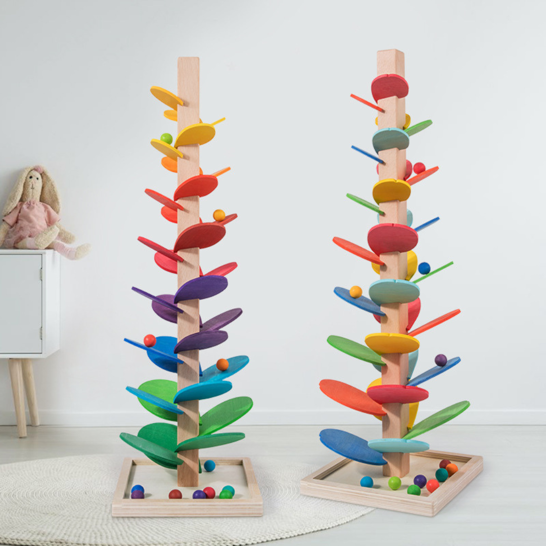Rainbow wooden ball track tower with balls for children