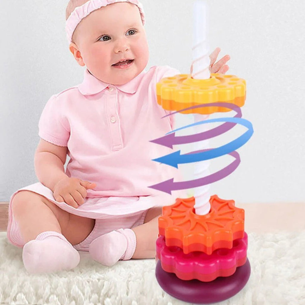 Rotating stacking tower with colorful building blocks