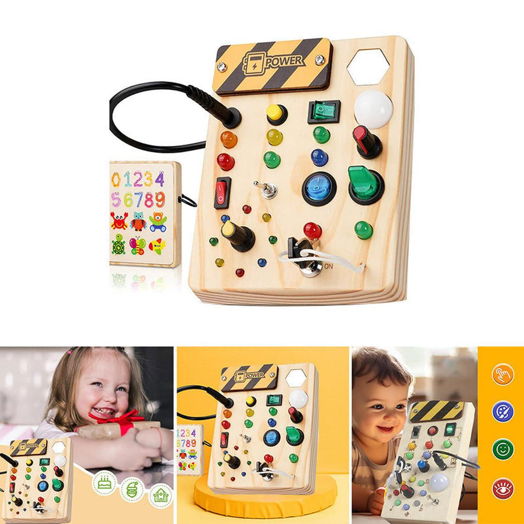 Wooden activity board sensory panel with switches and buttons