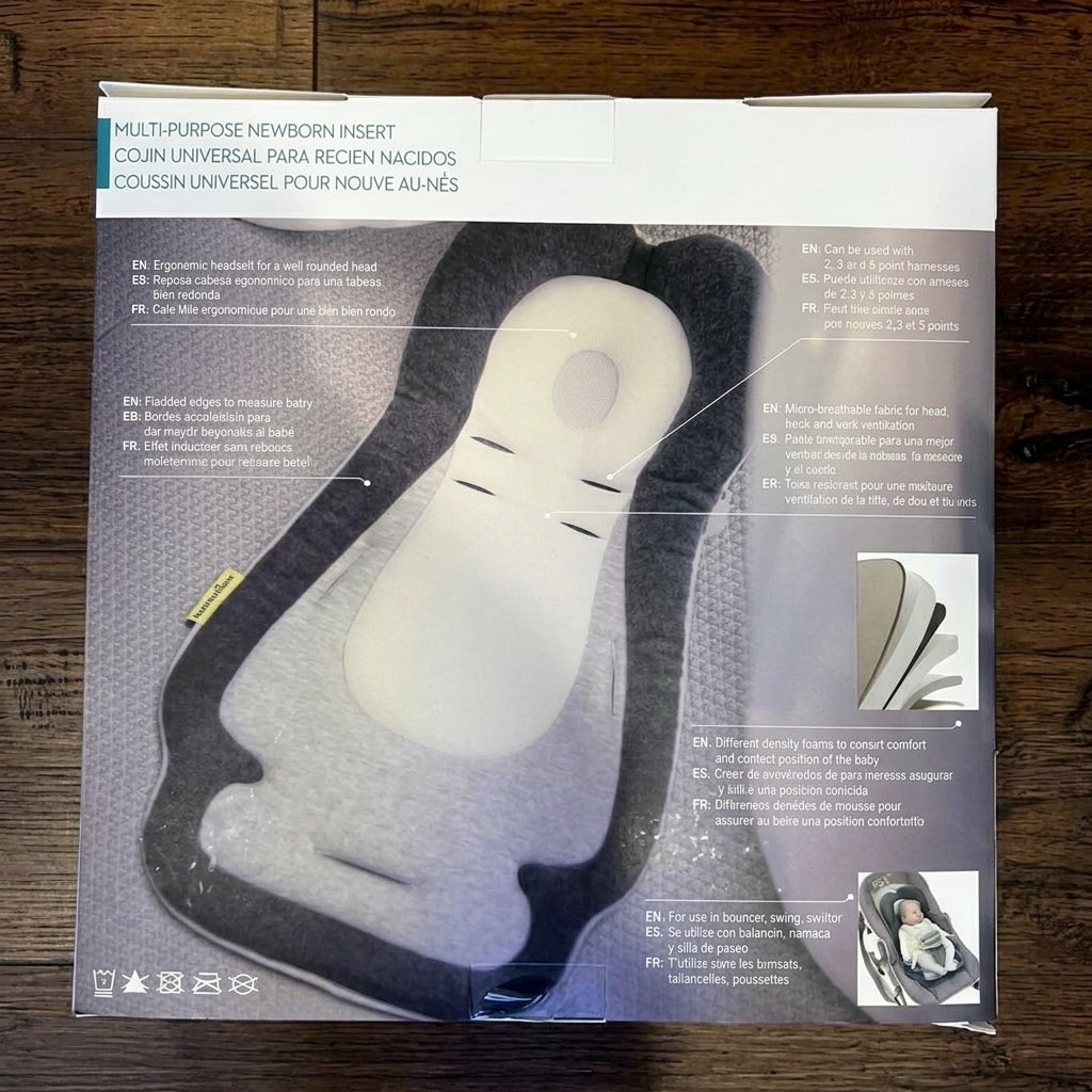 Newborn head and body support insert packaging back with feature details
