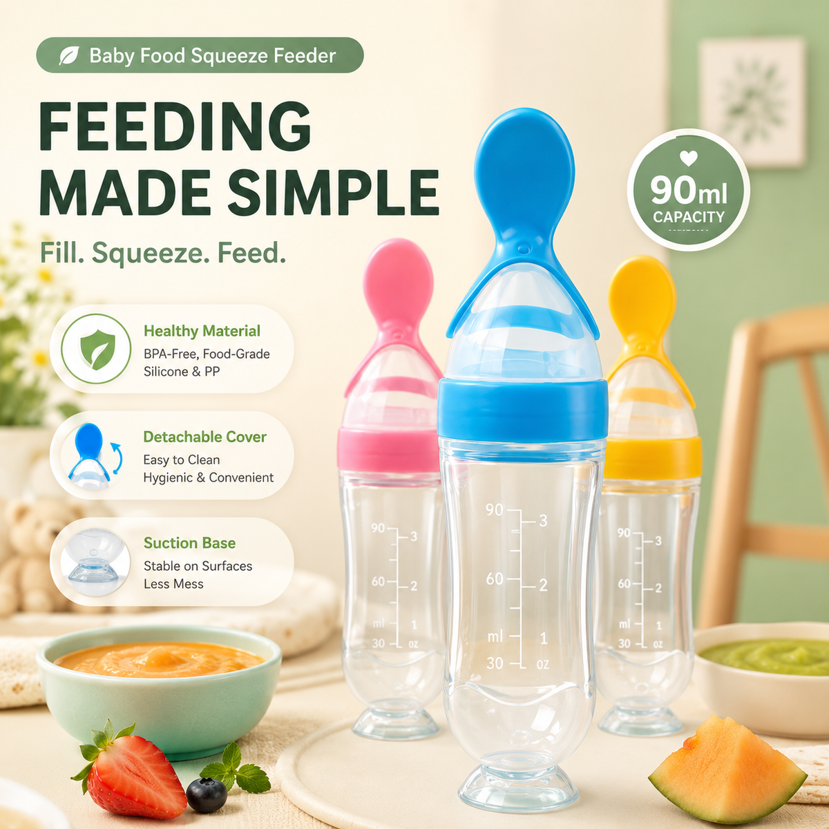 Squeeze and feed baby food feeder