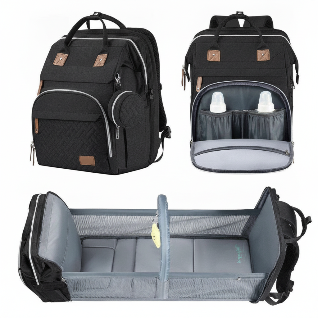 Foldable changing backpack with travel cot