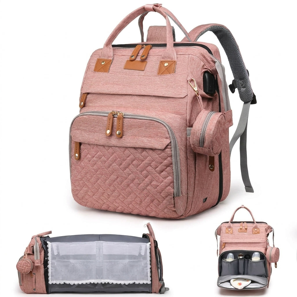 Foldable changing backpack with travel cot