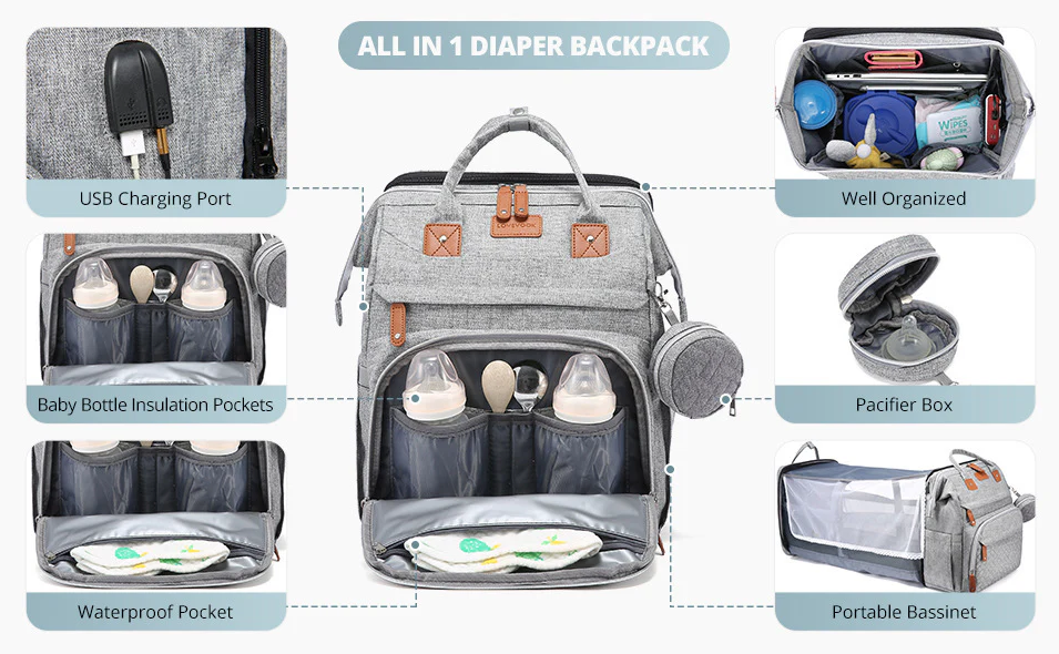 Foldable changing backpack with travel cot