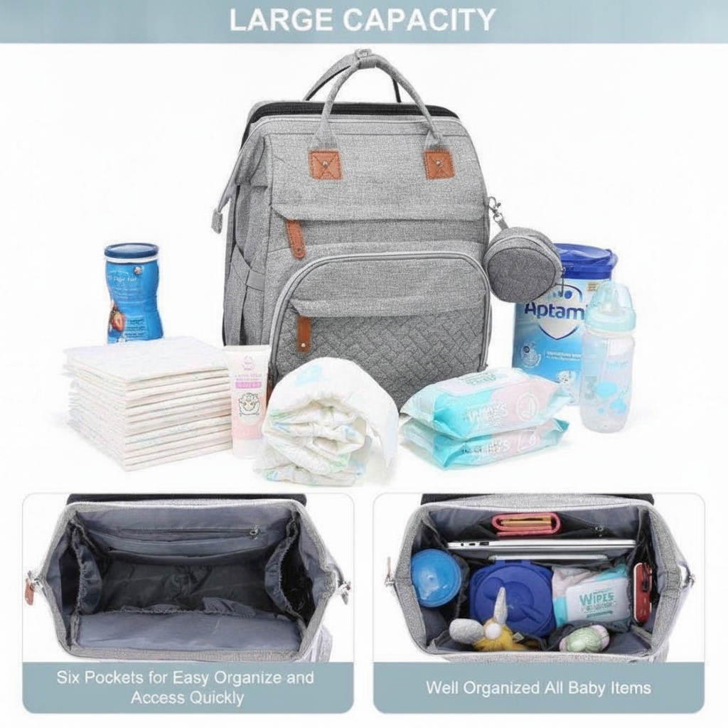Foldable changing backpack with travel cot