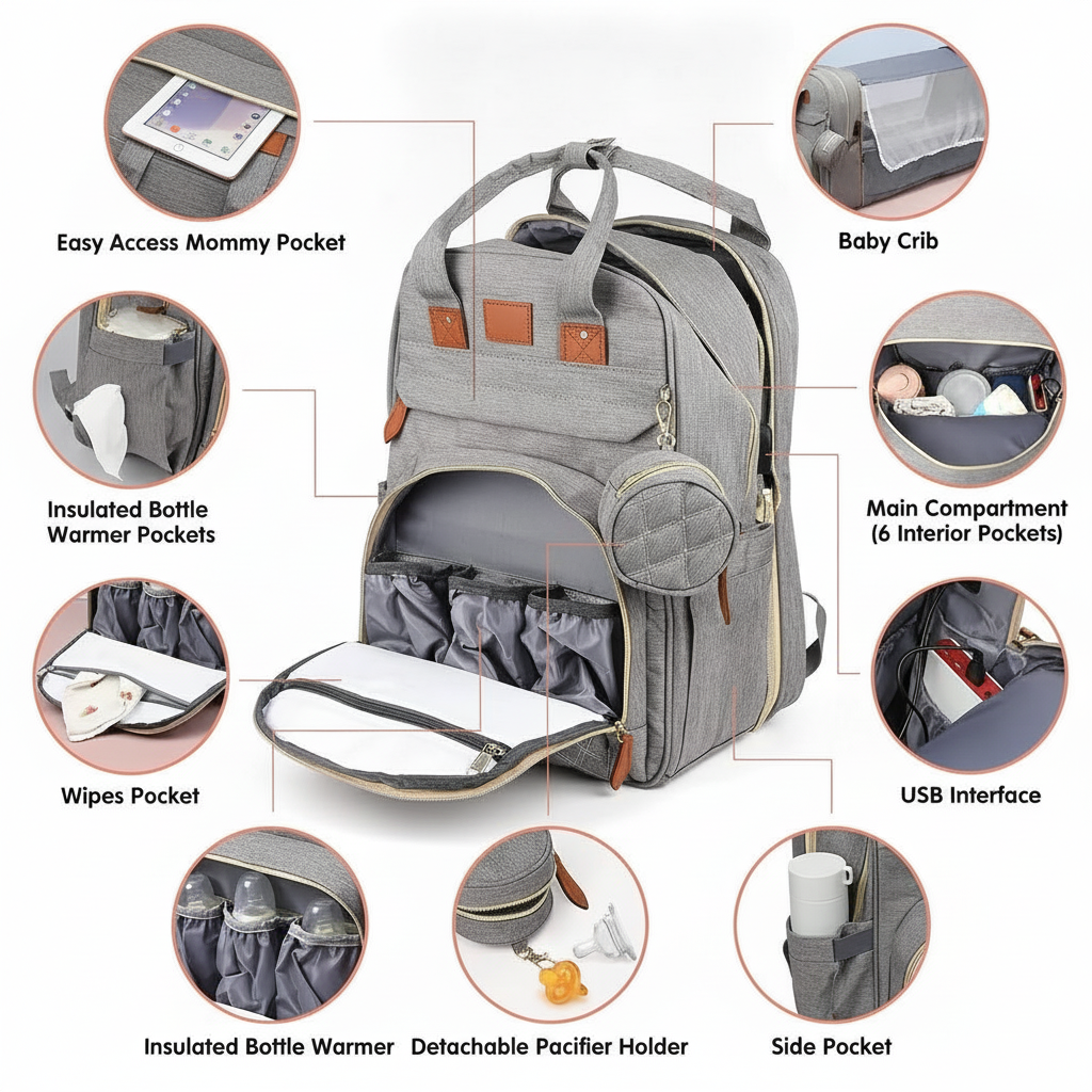 Foldable changing backpack with travel cot