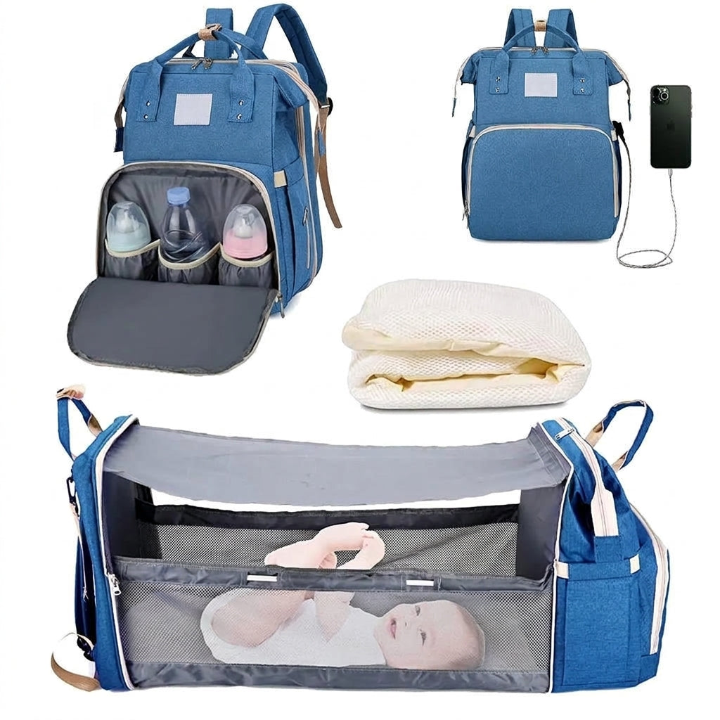 Foldable changing backpack with travel cot