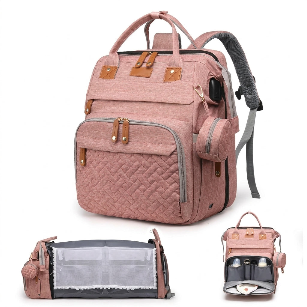 Foldable changing backpack with travel cot