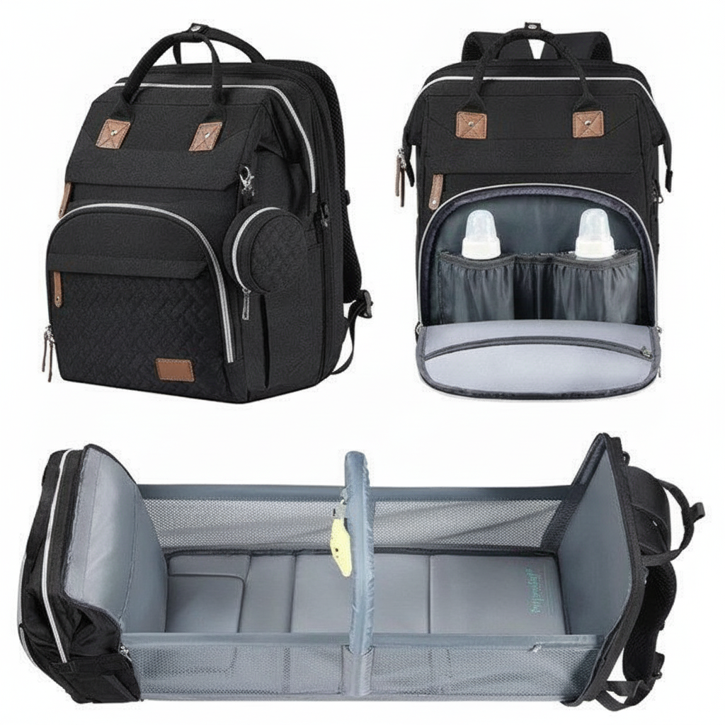 Foldable changing backpack with travel cot