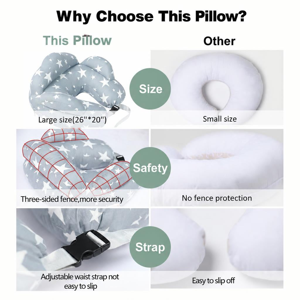 Adjustable nursing pillow with safety fence