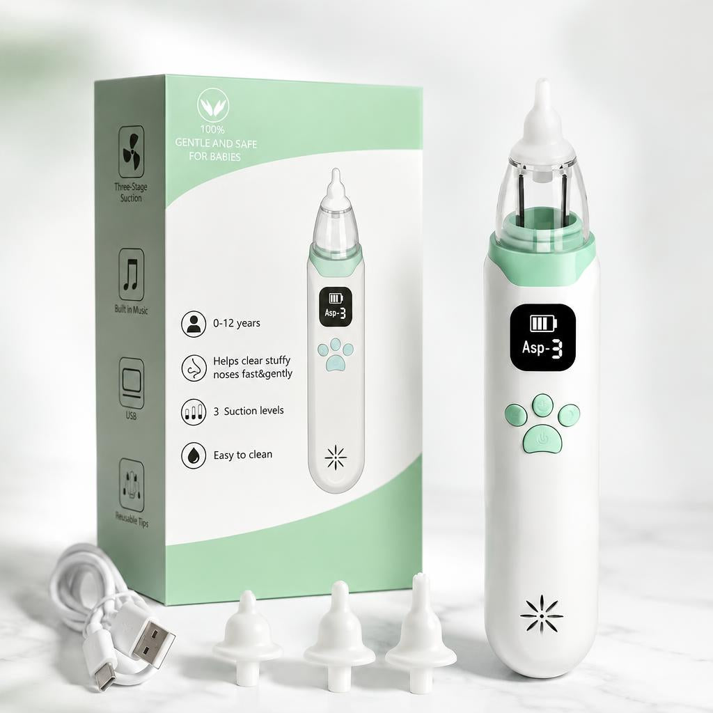 Electric baby nasal aspirator with accessories and packaging