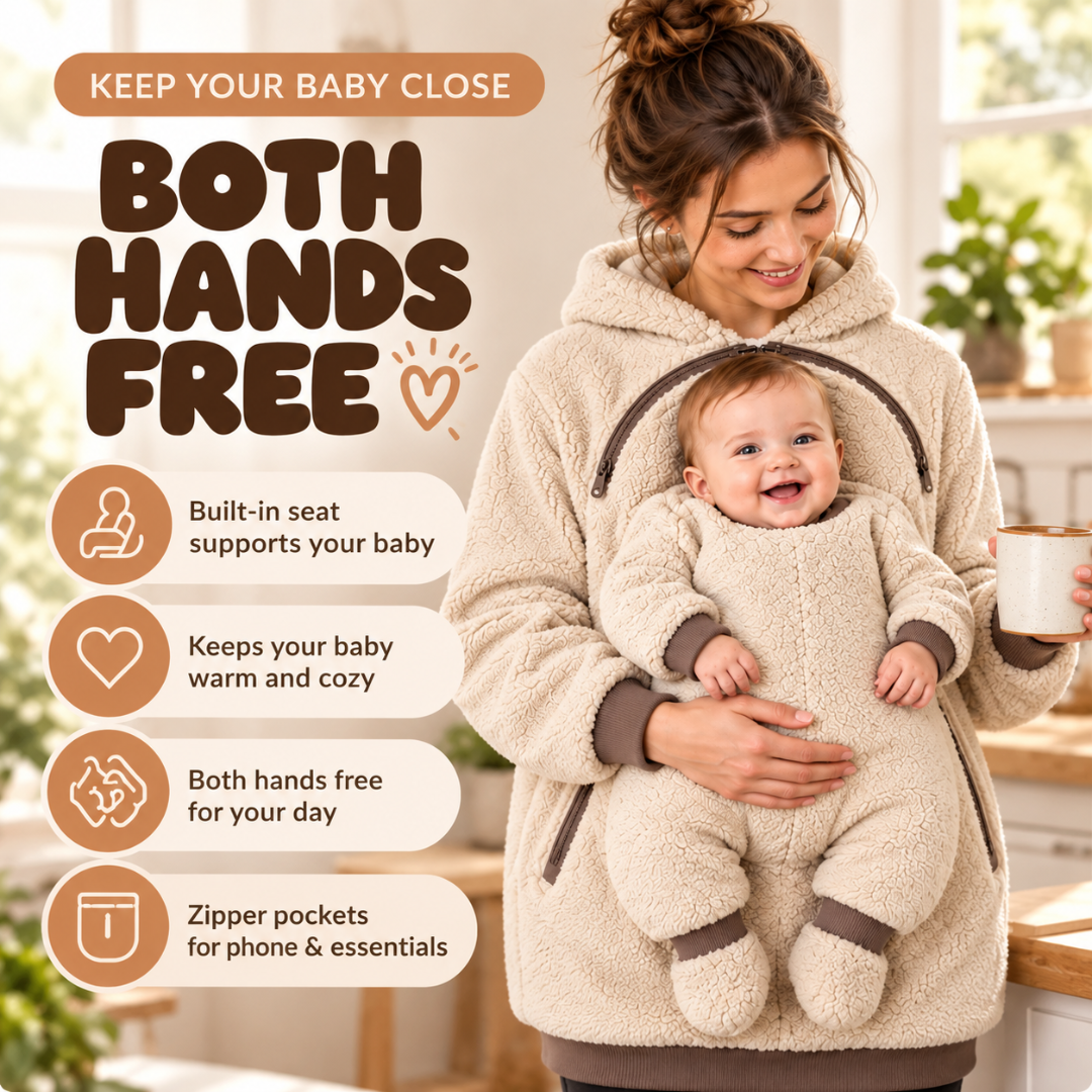 Parent wearing CuddleNest babywearing hoodie with baby in zip pouch, both hands free