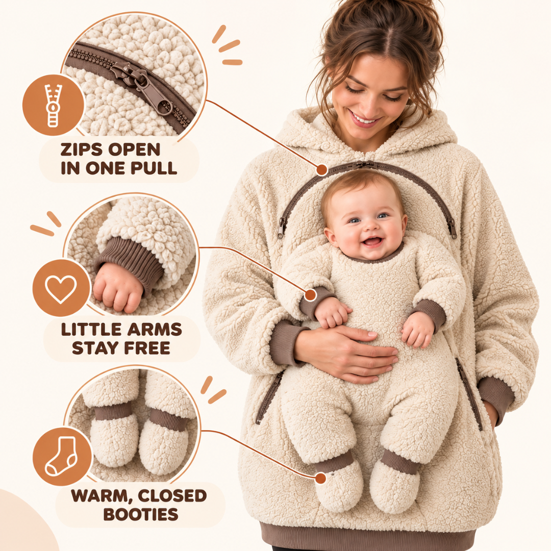Close-up of zip pouch, ribbed cuffs and booties on babywearing fleece hoodie