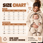 Size chart for adult sherpa fleece babywearing hoodie, sizes S to XL