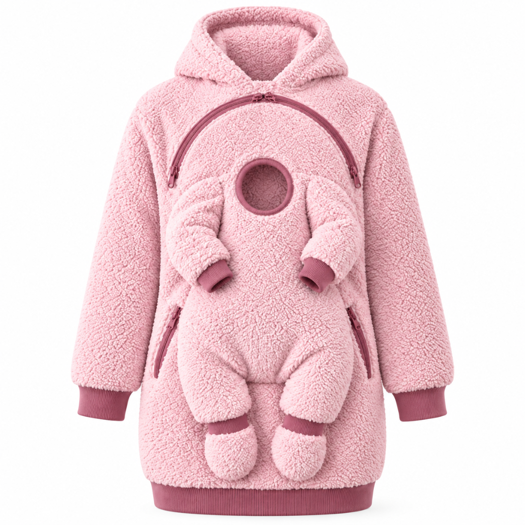 Pink sherpa fleece babywearing hoodie with front baby pouch