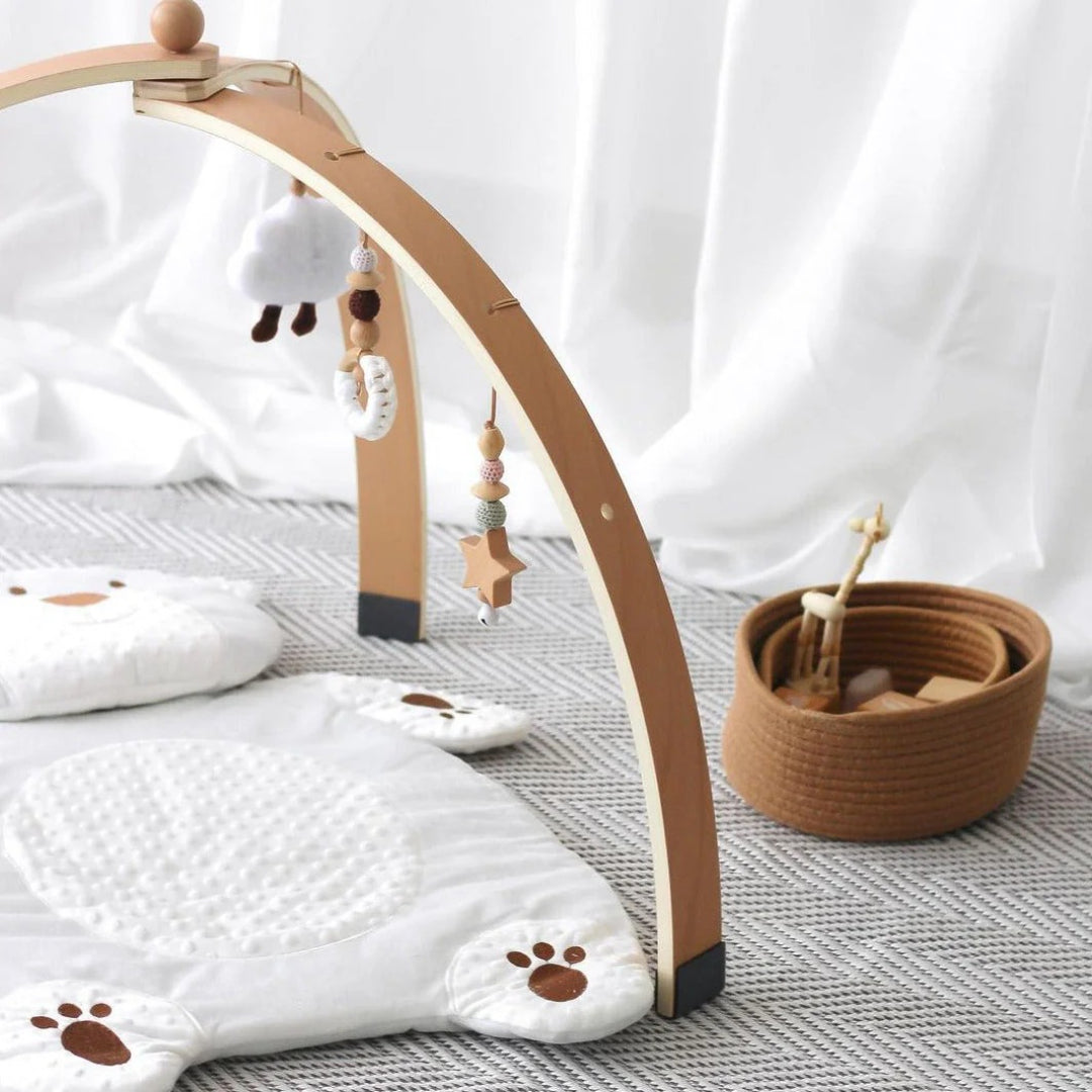 Wooden baby activity gym with hanging toys