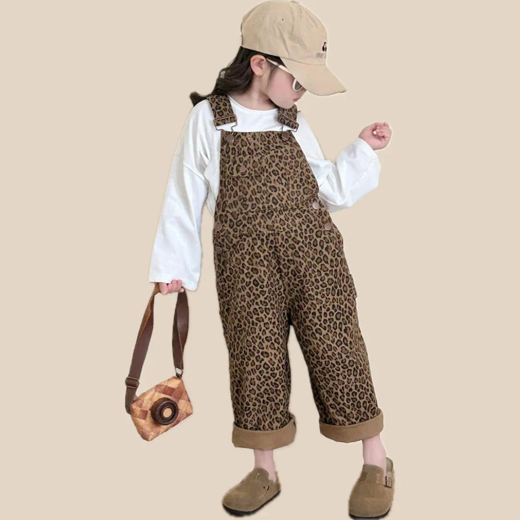 Girls' brown jumpsuit with leopard print