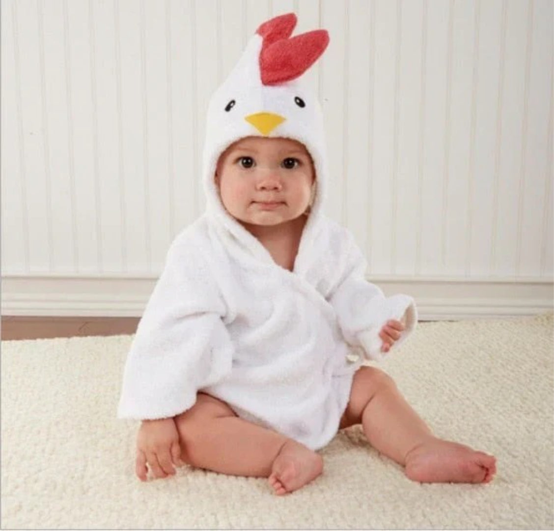 Baby bathrobe in soft absorbent material with animal motif