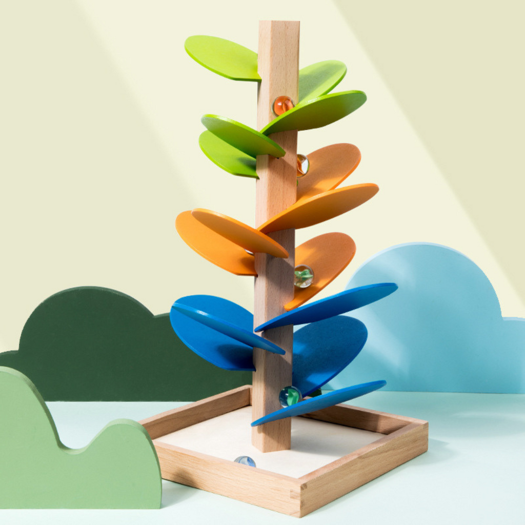 Rainbow wooden ball track tower with balls for children