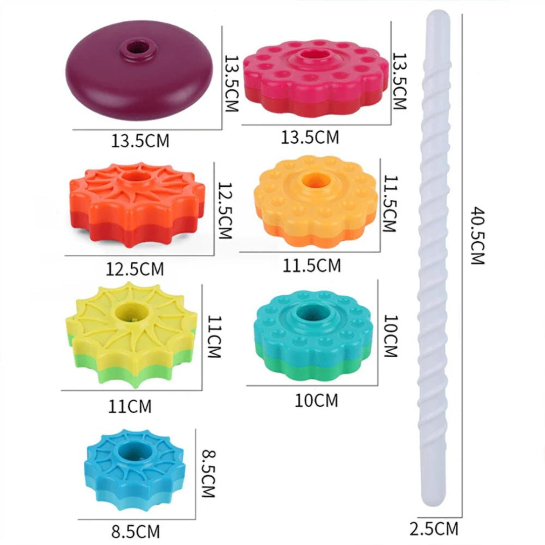 Rotating stacking tower with colorful building blocks