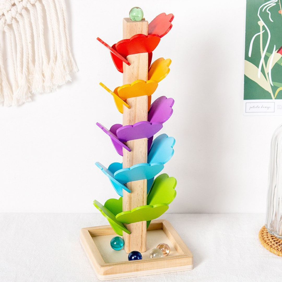 Rainbow wooden ball track tower with balls for children