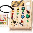 Wooden activity board sensory panel with switches and buttons