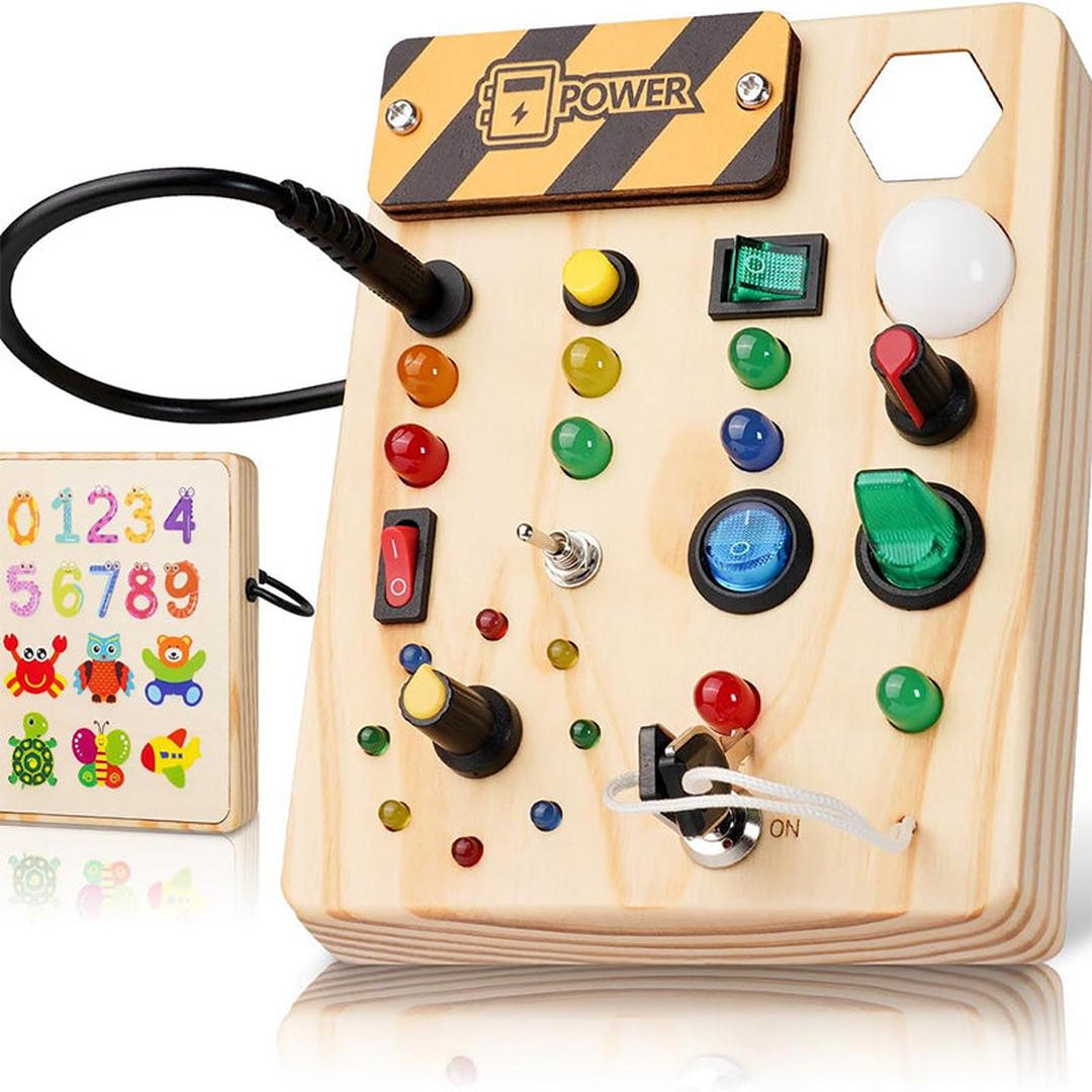 Wooden activity board sensory panel with switches and buttons