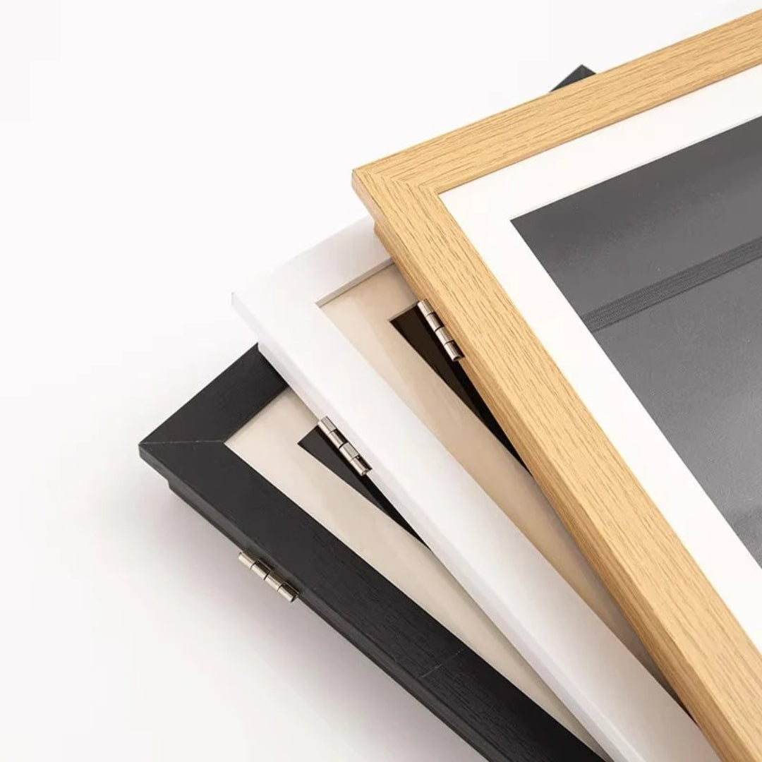 Frame for children's drawings with storage opening