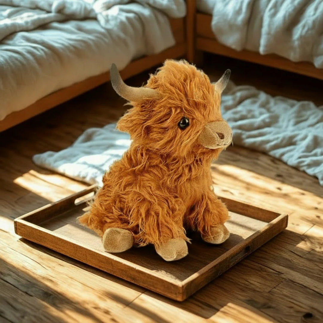 Blød Highland ko bamse i krammevenligt plys