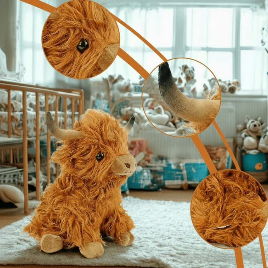 Blød Highland ko bamse i krammevenligt plys