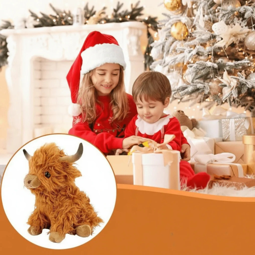 Blød Highland ko bamse i krammevenligt plys