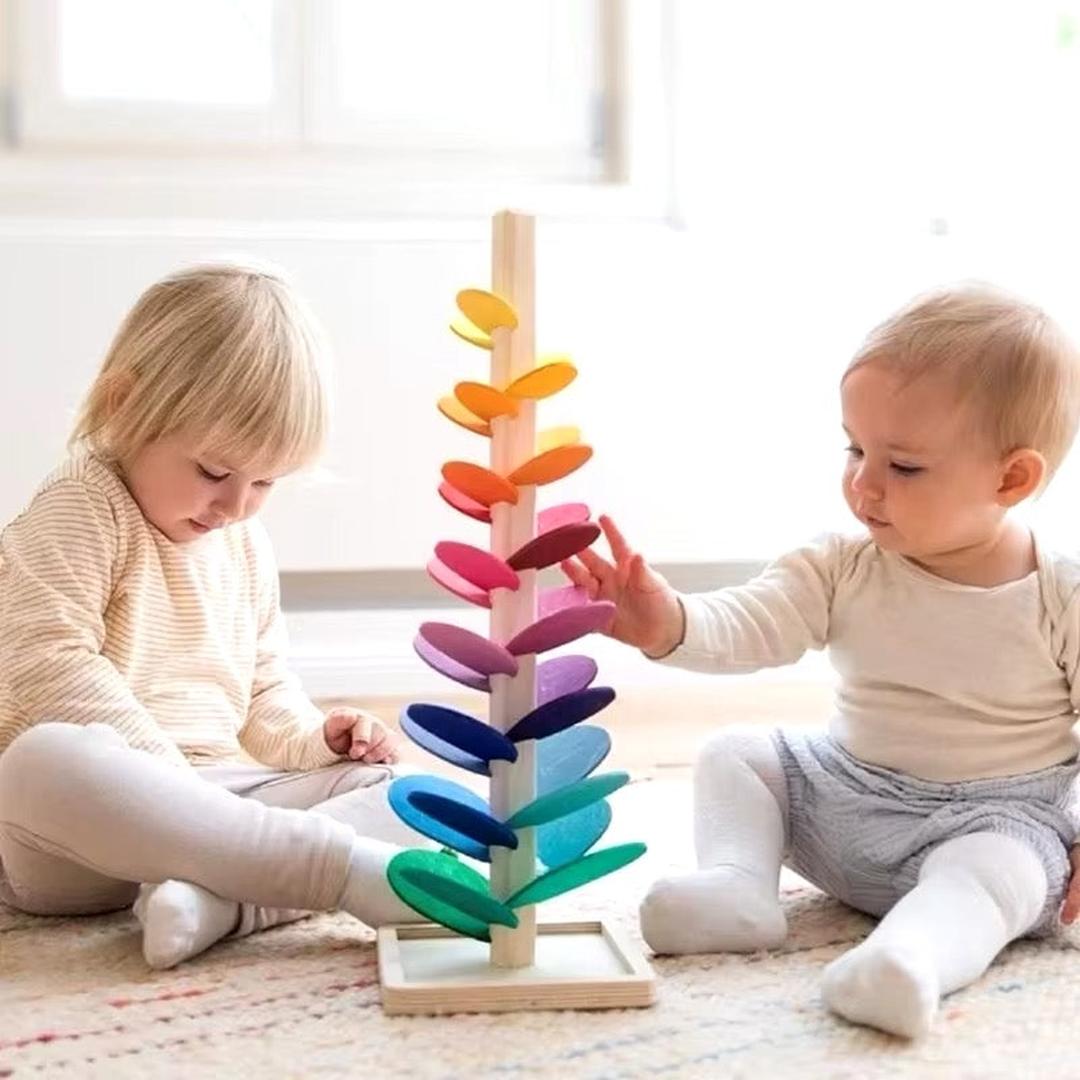 Rainbow wooden ball track tower with balls for children