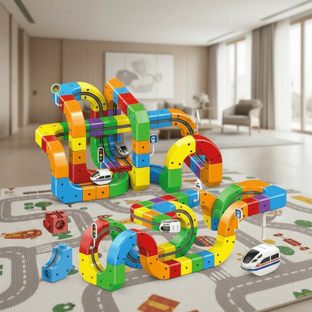 Train set with 3D track and battery-powered locomotive