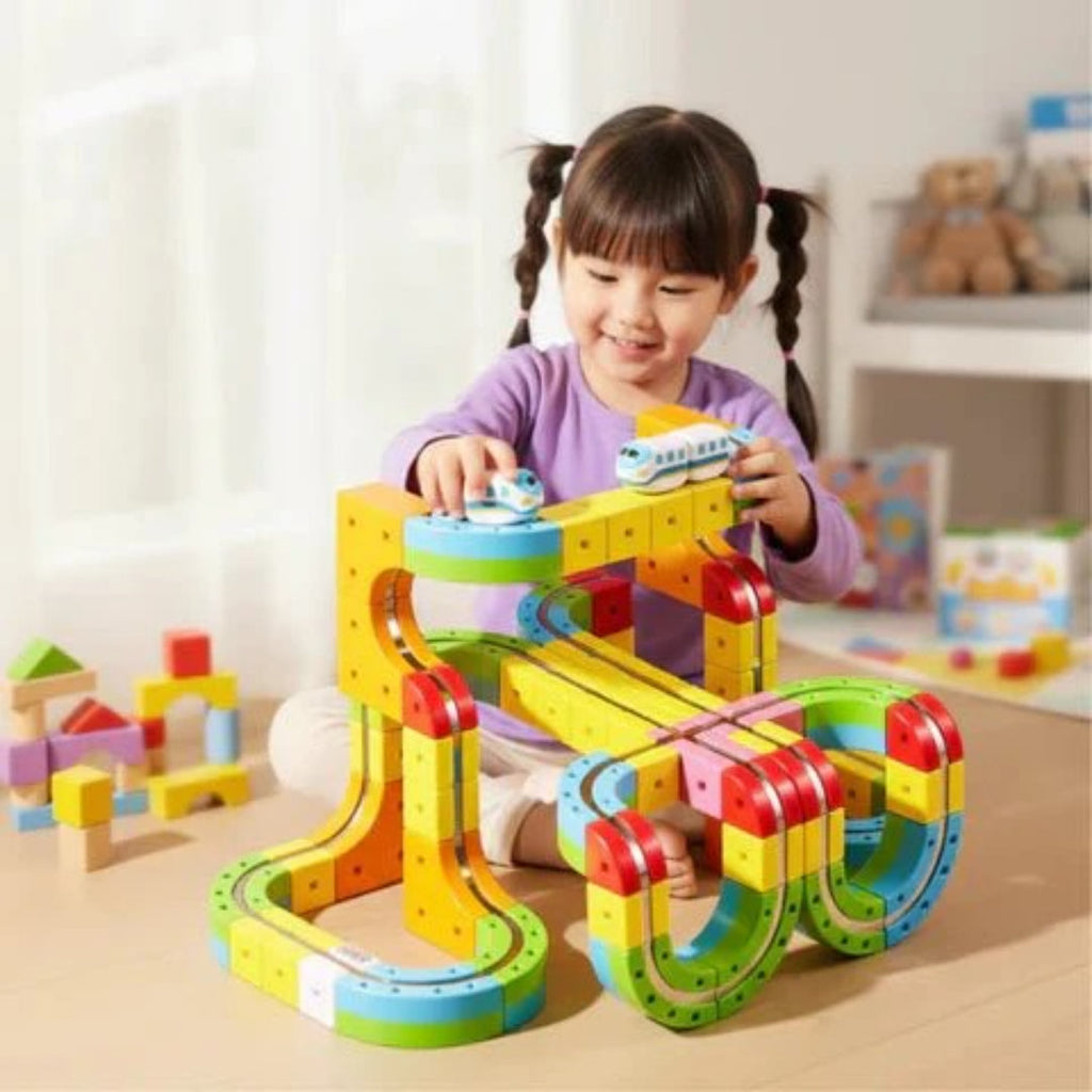 Train set with 3D track and battery-powered locomotive