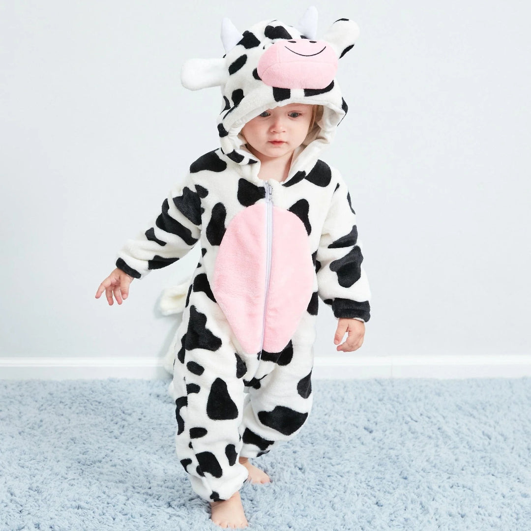 Baby fleece jumpsuit with hood and cartoon motif