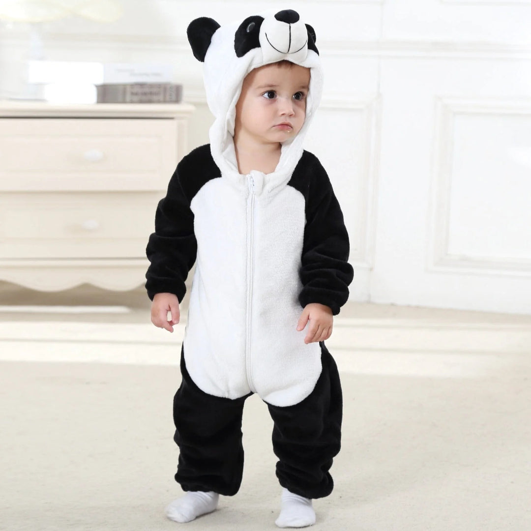 Baby fleece jumpsuit with hood and cartoon motif