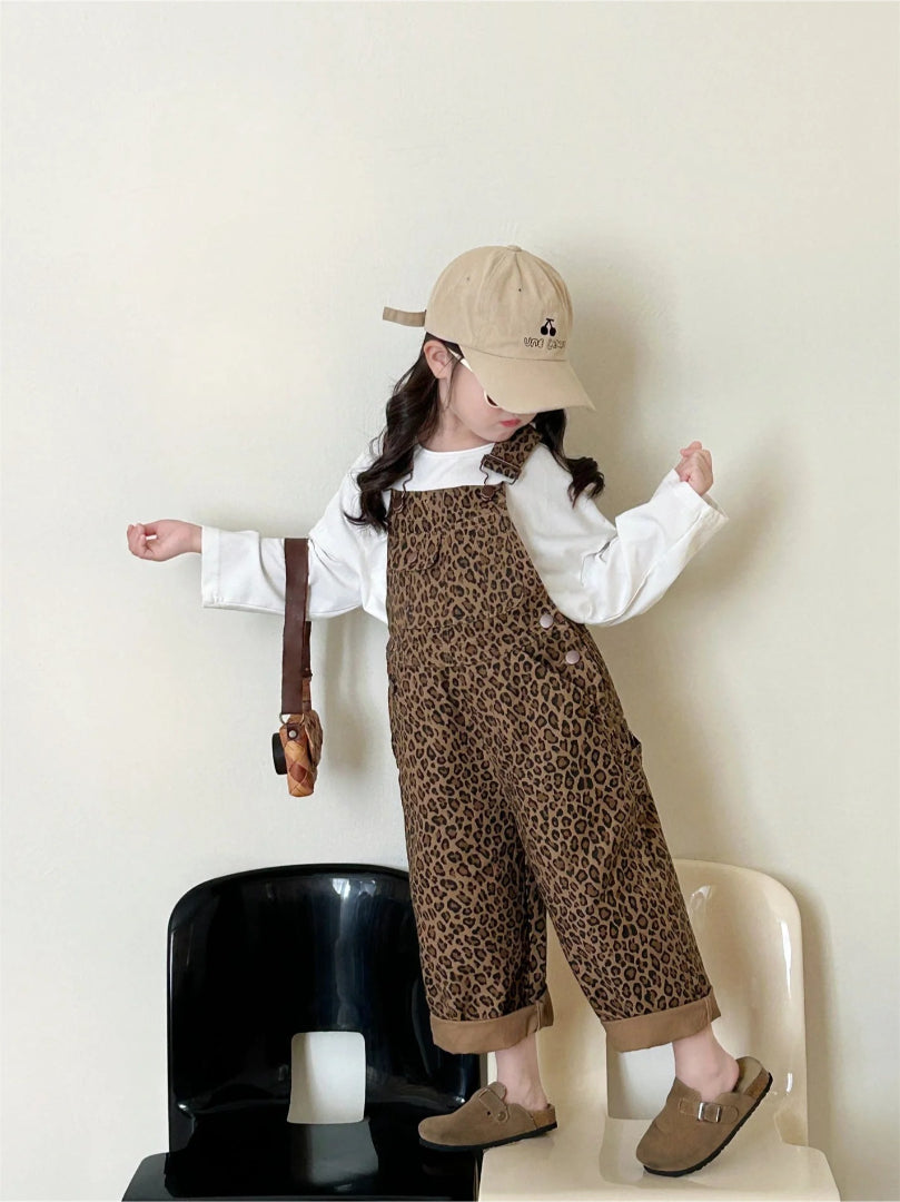 Girls' brown jumpsuit with leopard print